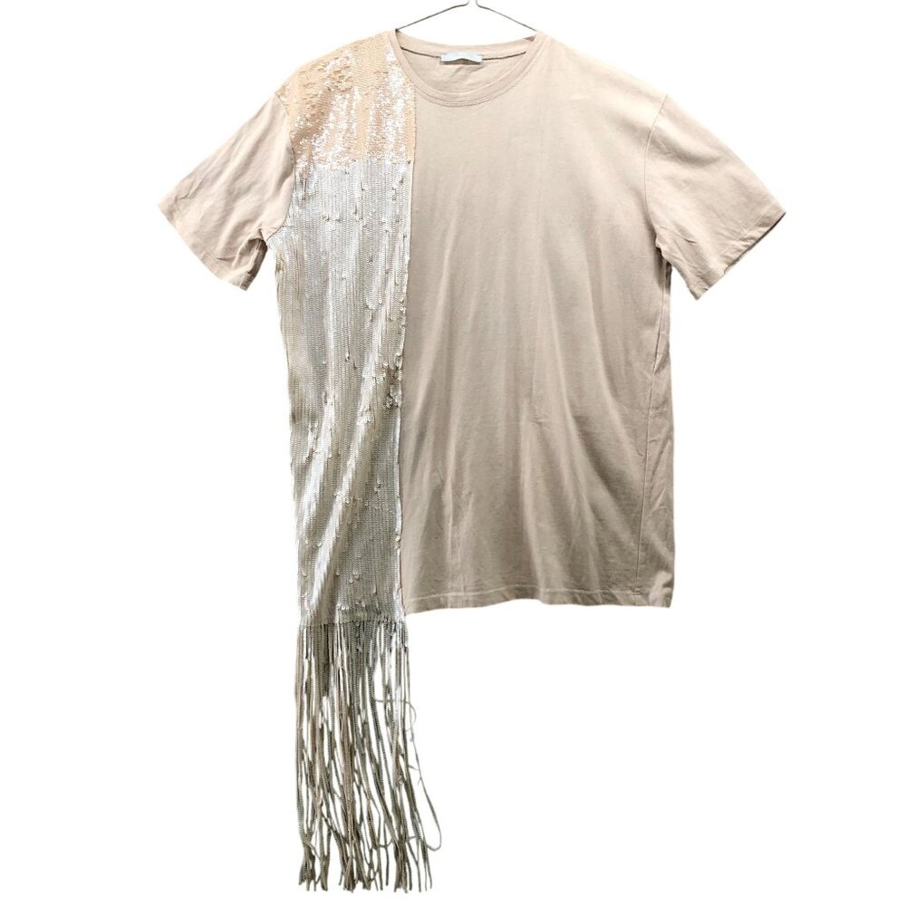 Zara Oversized Sequin Contrast T‎ Shirt Womens S Beige Short Sleeve Crewneck